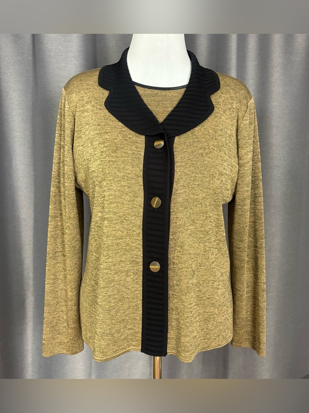 Vintage Exclusively Misook Tan, Green, and Black Button Cardigan Set
